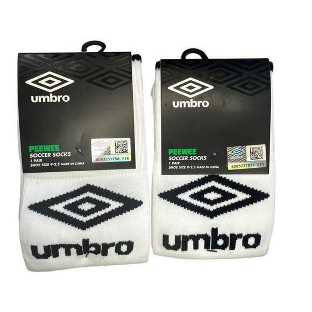 Umbro Peewee Soccer Socks White 2 Pairs Kids Shoe Size 9-2.5 Athletic Cleat Sock